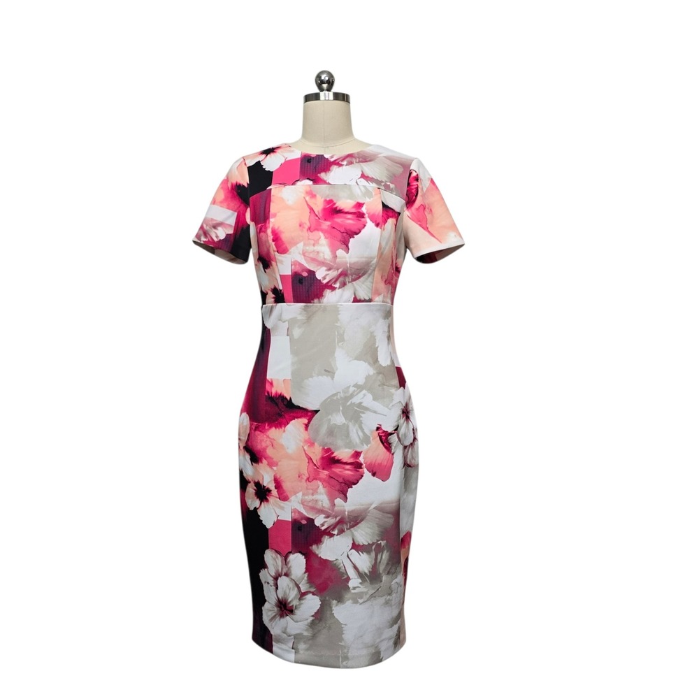 Calvin Klein Pink Floral Scuba Sheath Dress Short Sleeve Knee Length Size Small